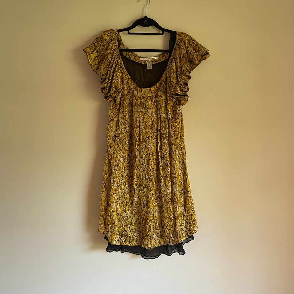 Diane Von Furstenberg Golden Yellow and Black Ruffled Midi Sundress